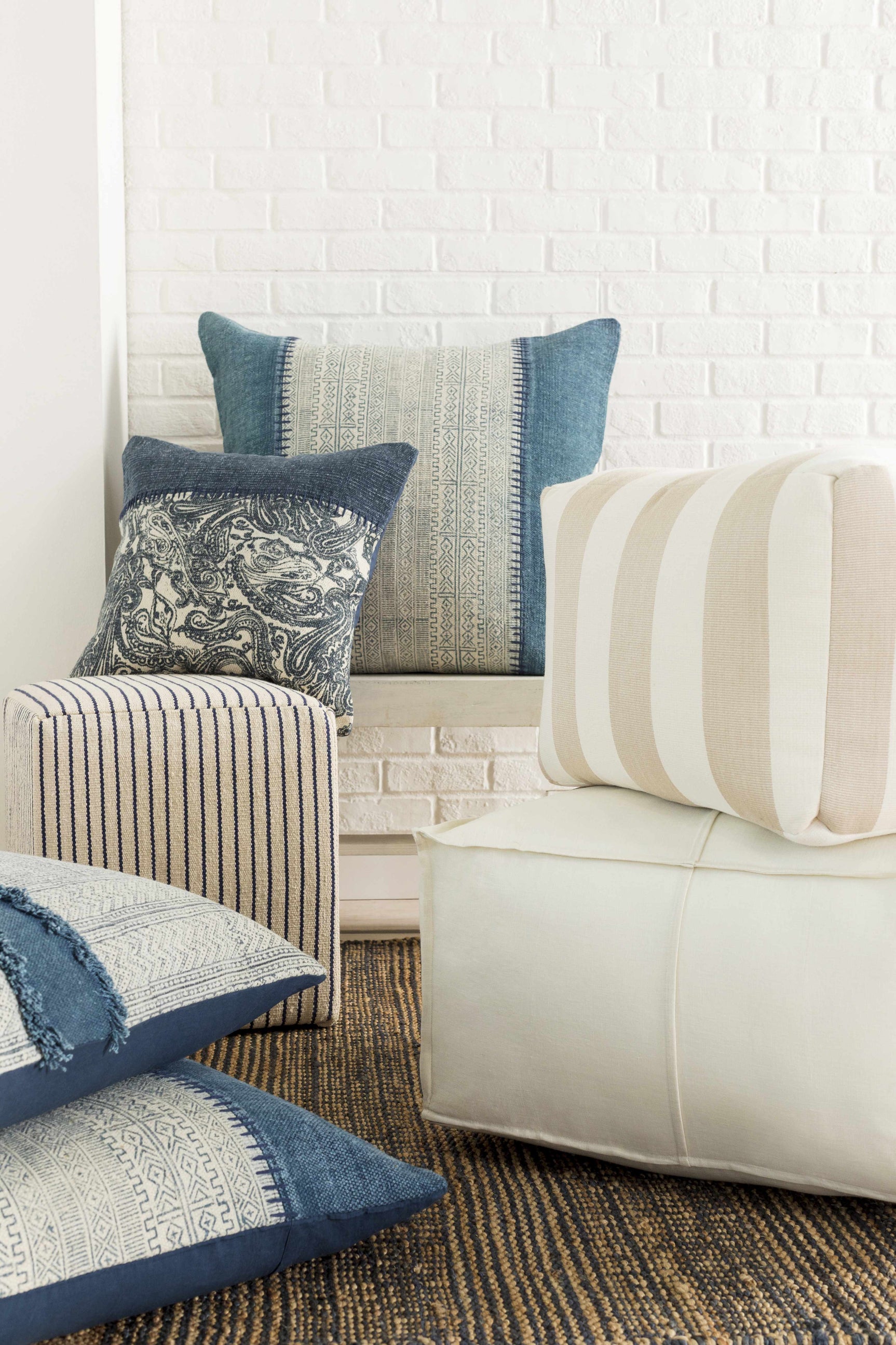 Friendsville Solid & Striped Ivory Pouf - Ornate Home