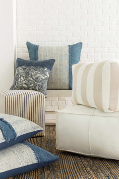 Friendsville Solid & Striped Ivory Pouf - Ornate Home