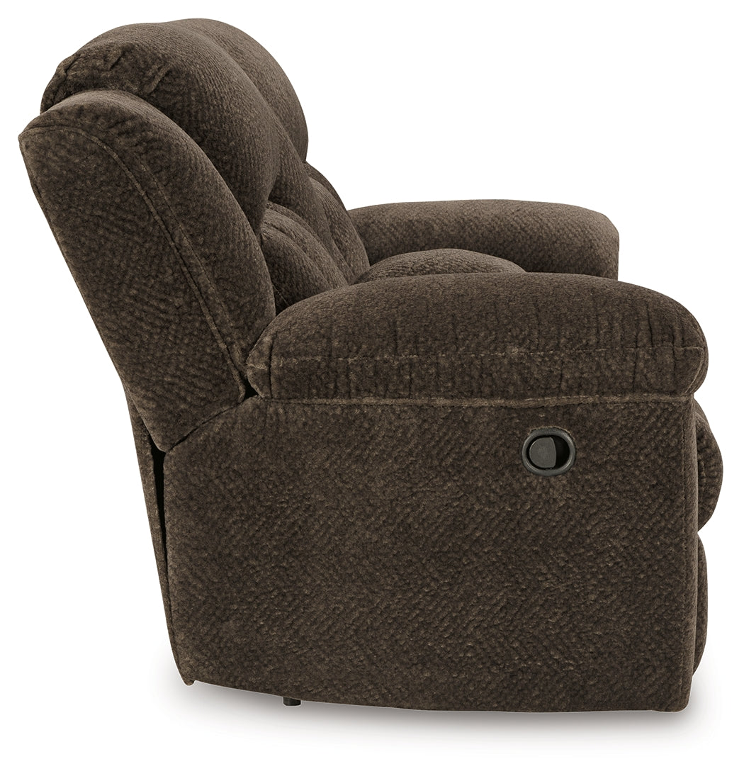 Frohn Chocolate Reclining Loveseat w/Console (Online Special Price) - Ornate Home