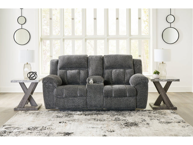 Frohn Graphite Reclining Loveseat w/Console (Online Special Price) - Ornate Home