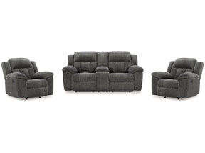Frohn Graphite Reclining Loveseat with Console and 2 Recliners (Online Special Price) - Ornate Home