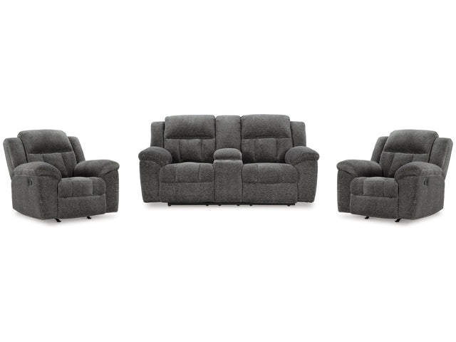 Frohn Graphite Reclining Loveseat with Console and 2 Recliners (Online Special Price) - Ornate Home