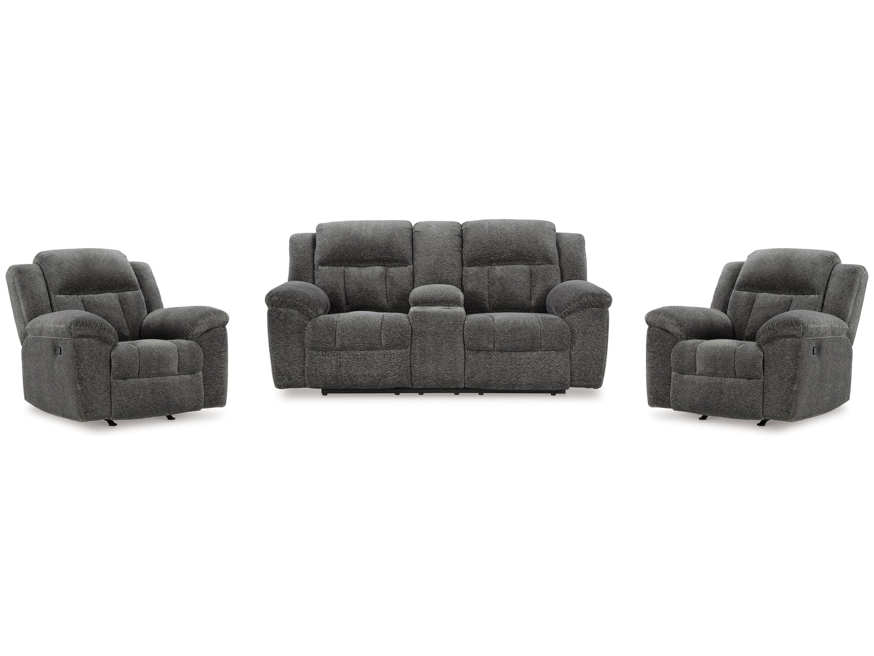 Frohn Graphite Reclining Loveseat with Console and 2 Recliners - Ornate Home