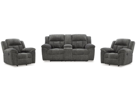 Frohn Graphite Reclining Loveseat with Console and 2 Recliners - Ornate Home
