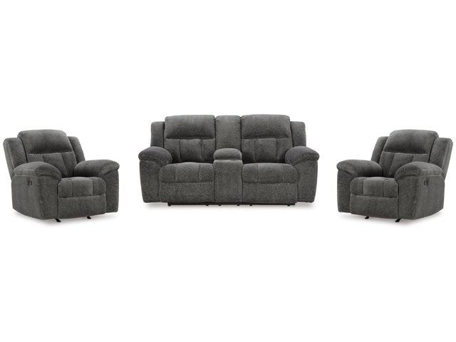 Frohn Graphite Reclining Loveseat with Console and 2 Recliners - Ornate Home
