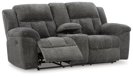 Frohn Graphite Reclining Loveseat with Console and 2 Recliners - Ornate Home
