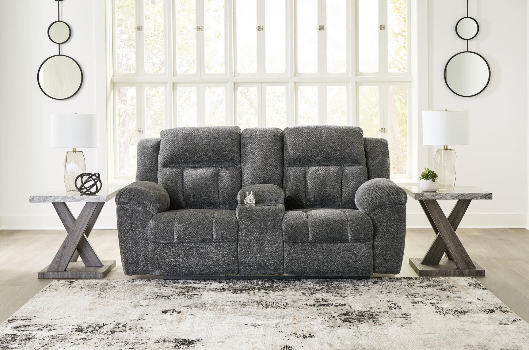 Frohn Graphite Reclining Loveseat with Console and 2 Recliners - Ornate Home