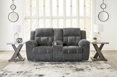 Frohn Graphite Reclining Loveseat with Console and 2 Recliners - Ornate Home
