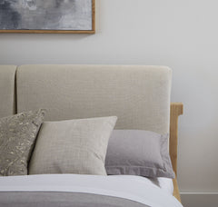 Furano Eastern King Upholstered Two Cushion Platform Bed in Ginger and Natural Linen - Ornate Home