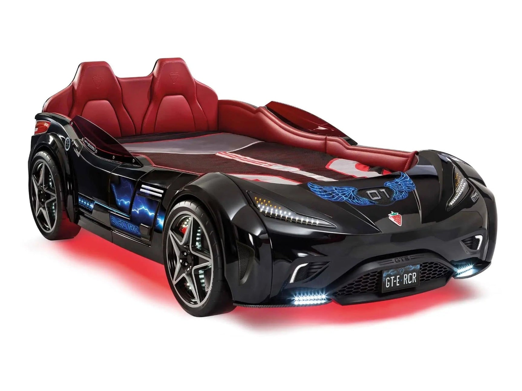 GTE Black-Twin Race Car Bed Remote Control, 4 Modes, Night Light, Upholstered Headboard & Interior - Ornate Home