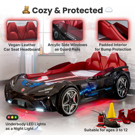 GTE Black-Twin Race Car Bed Remote Control, 4 Modes, Night Light, Upholstered Headboard & Interior - Ornate Home