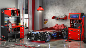 GTE Black-Twin Race Car Bed Remote Control, 4 Modes, Night Light, Upholstered Headboard & Interior - Ornate Home