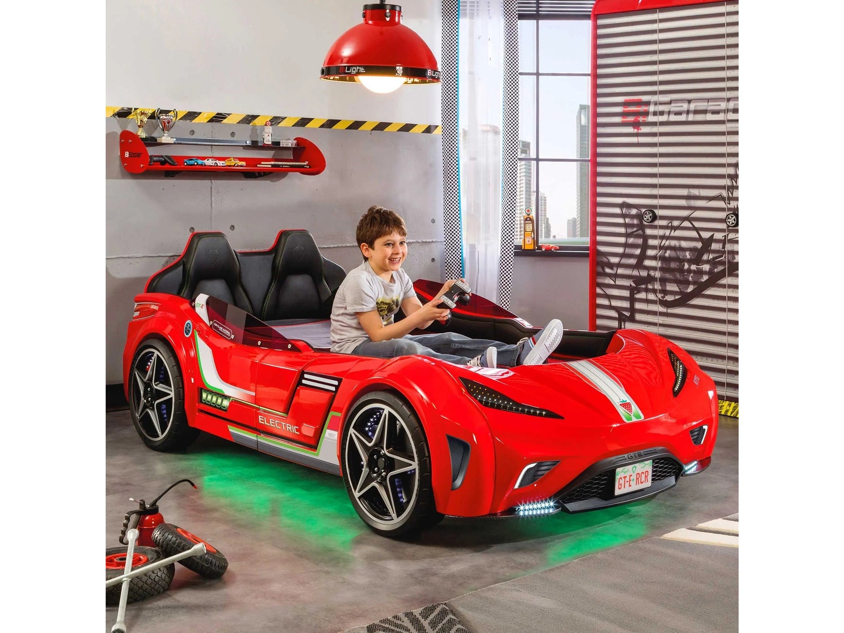 GTS EV Red Twin Race Car Bed | Remote Control, Night Light, Sounds & Padded Headboard - Ornate Home