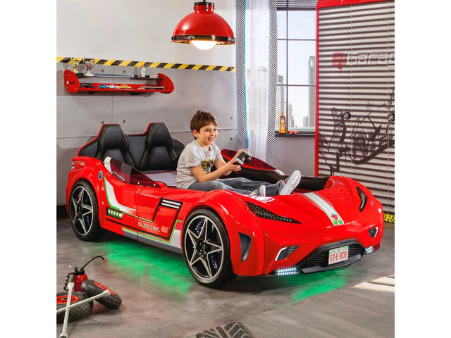 GTS EV Red Twin Race Car Bed | Remote Control, Night Light, Sounds & Padded Headboard - Ornate Home