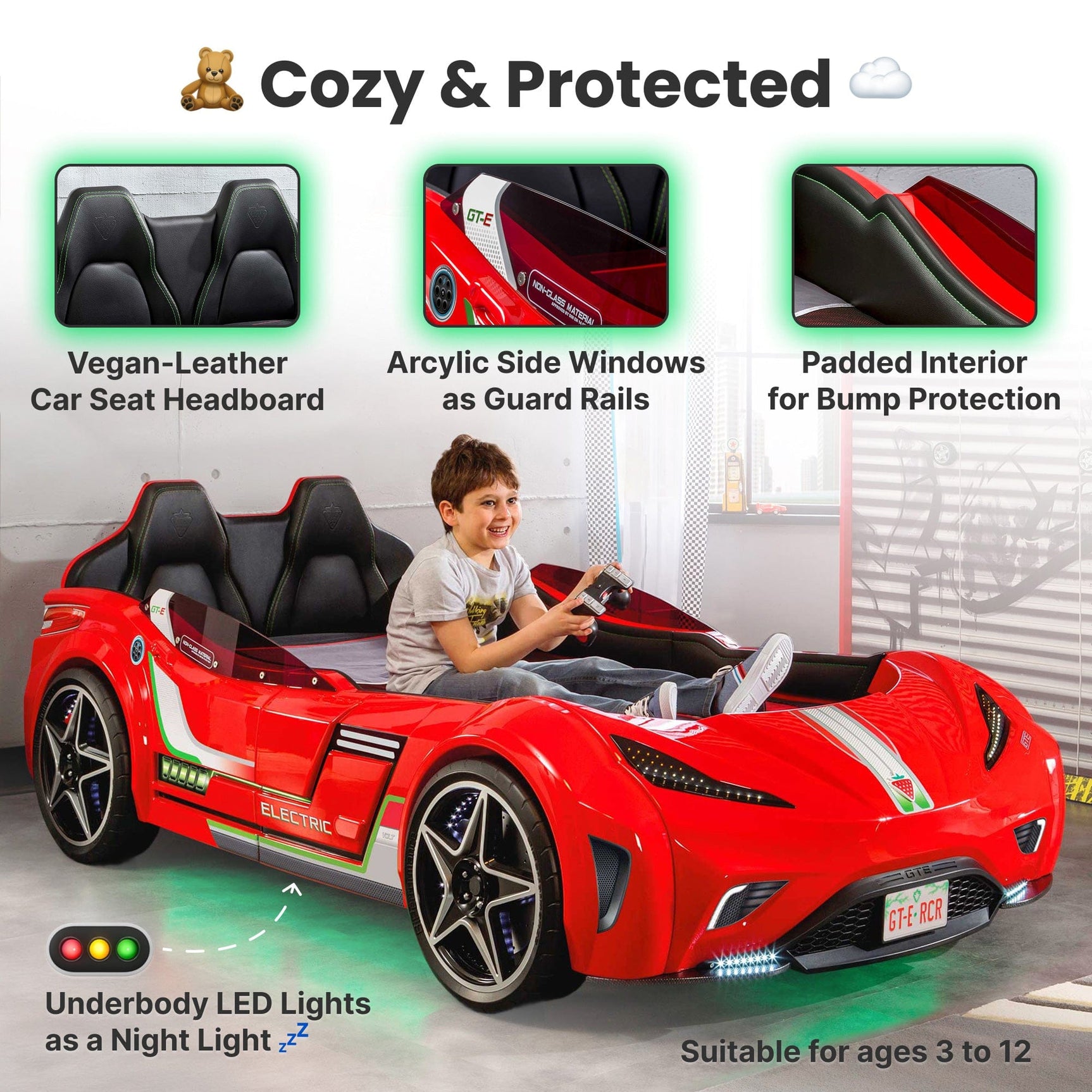 GTS EV Red Twin Race Car Bed | Remote Control, Night Light, Sounds & Padded Headboard - Ornate Home