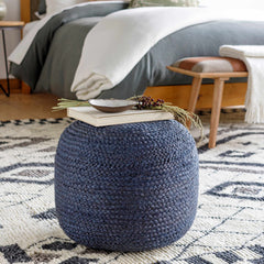 Gail Navy Jute Knitted Pouf - Ornate Home
