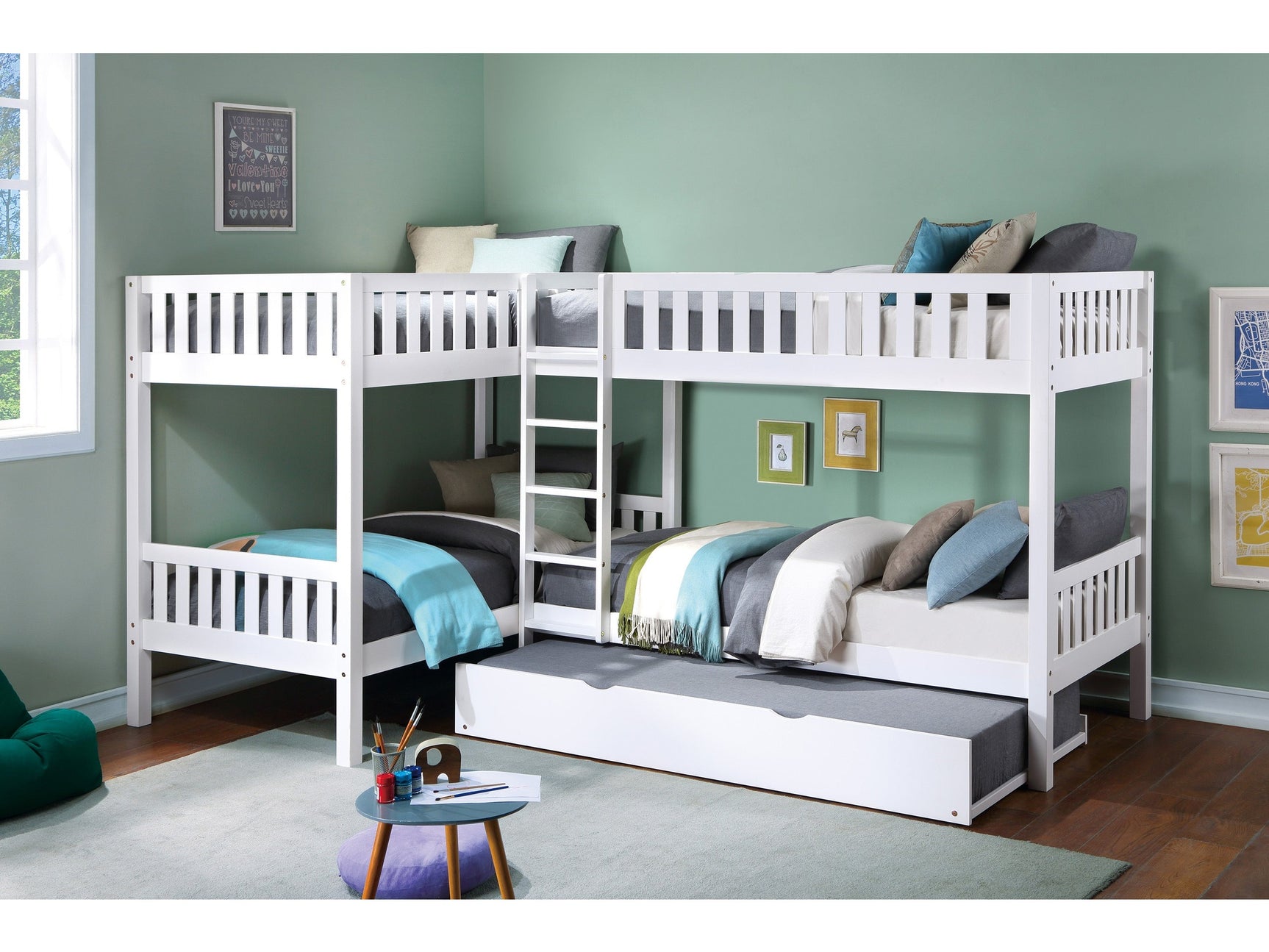 Galen White Corner Bunk Bed with Twin Trundle - Ornate Home