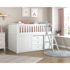 Galen White Low Loft Bunk With Bookcase And 2 Dressers - Ornate Home