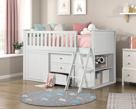 Galen White Low Loft Bunk with Bookcase&Dresser - Ornate Home