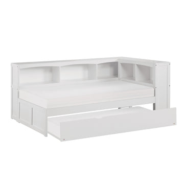 Galen White Twin Bookcase Corner Bed with Trundle - Ornate Home