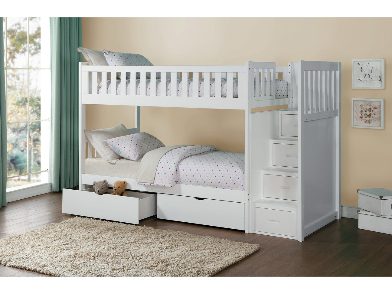 Galen White Twin/Twin Step Bunk Bed With Storage Boxes - Ornate Home