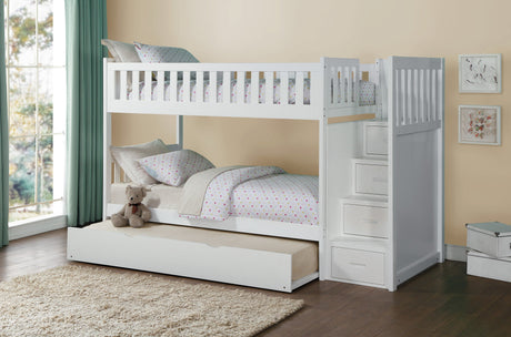 Galen White Twin/Twin Step Bunk Bed with Twin Trundle - Ornate Home