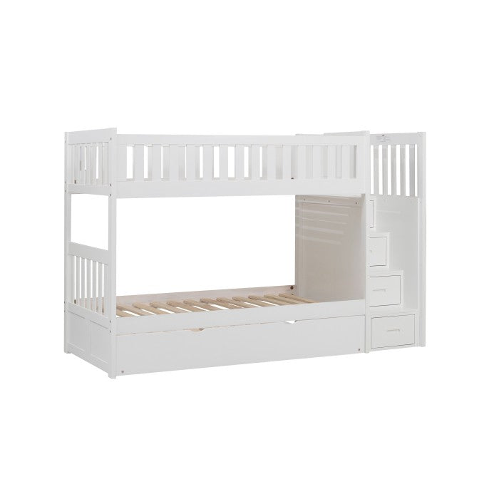 Galen White Twin/Twin Step Bunk Bed with Twin Trundle - Ornate Home