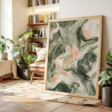 Blush Canyon – Abstract Green & Rose Marble Art