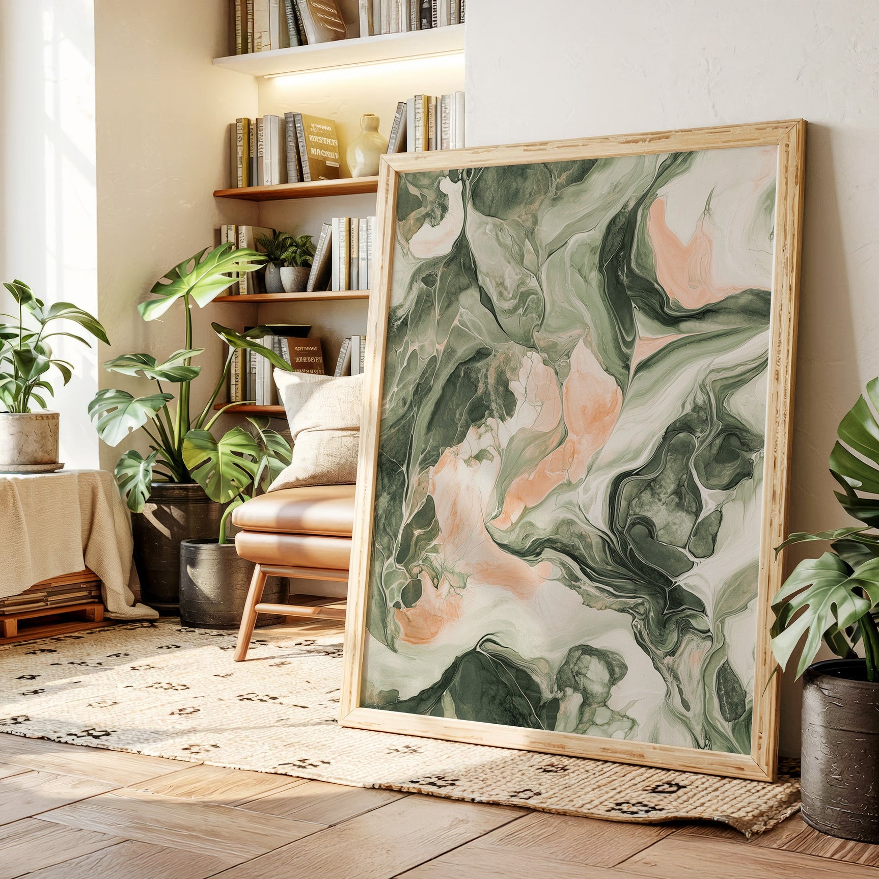 Blush Canyon – Abstract Green & Rose Marble Art