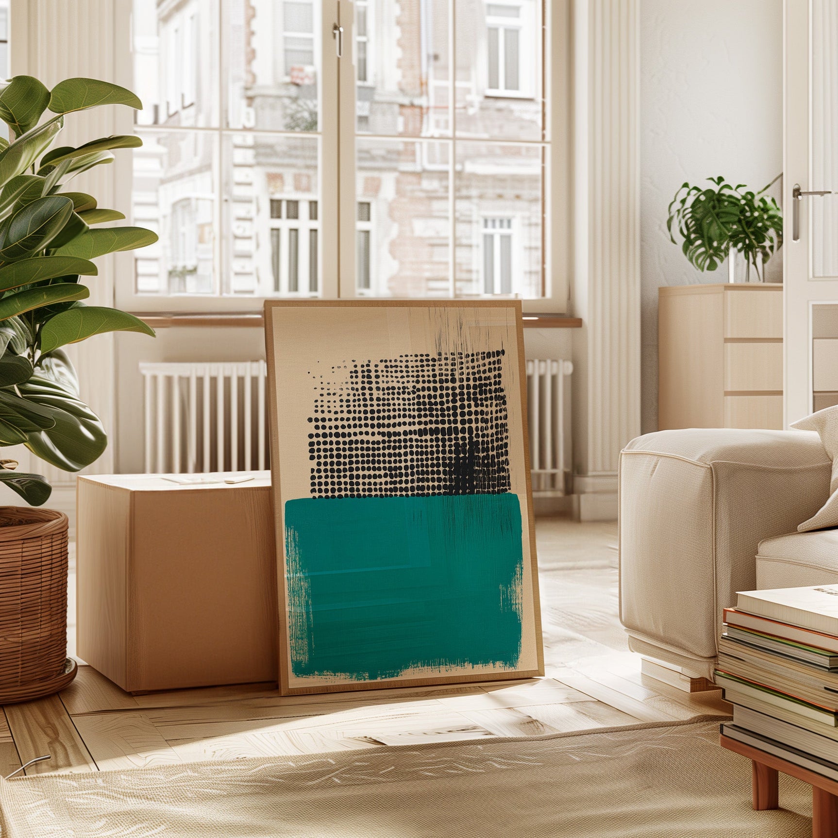 Modern Abstract Art Print in Teal and Black