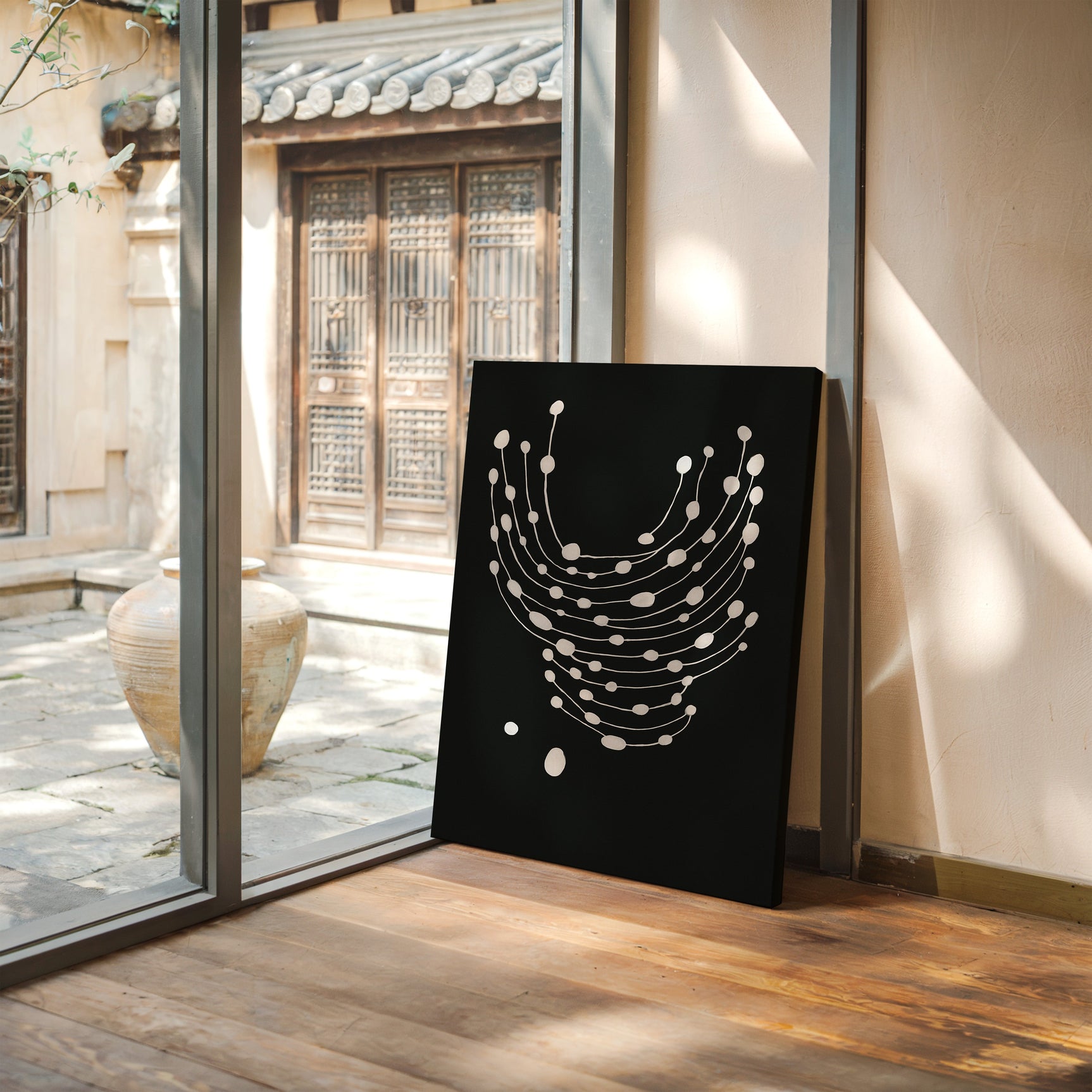 Minimalist Abstract White Dots on Black Canvas