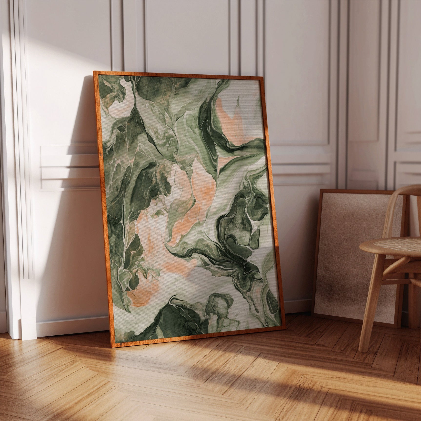 Blush Canyon – Abstract Green & Rose Marble Art