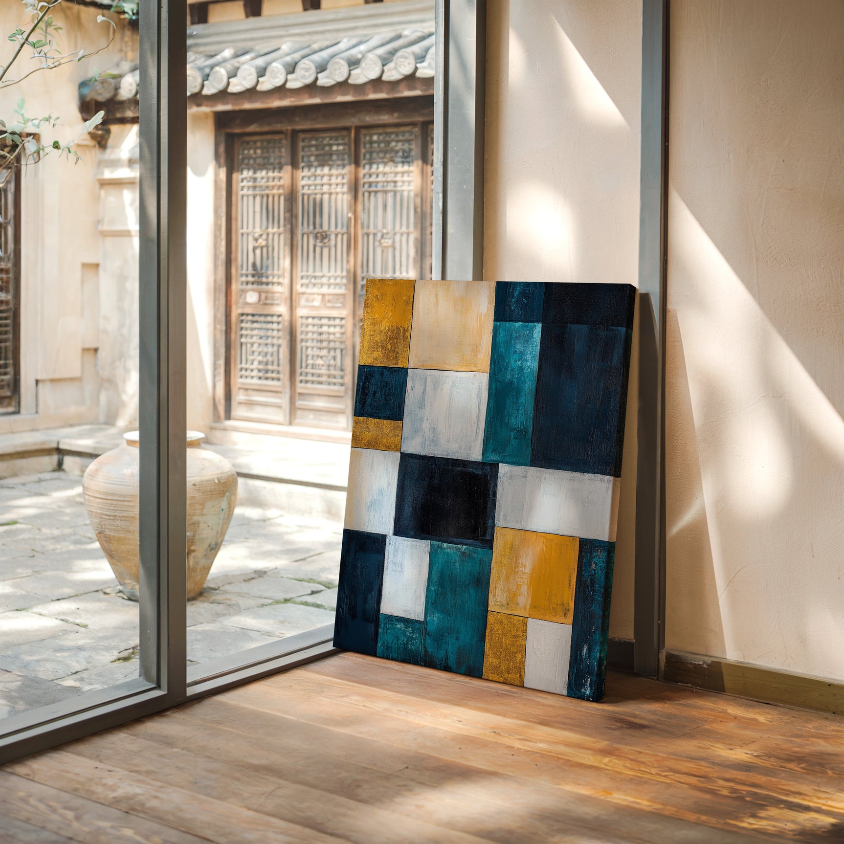 Modern Yellow and Blue Abstract Geometric Canvas