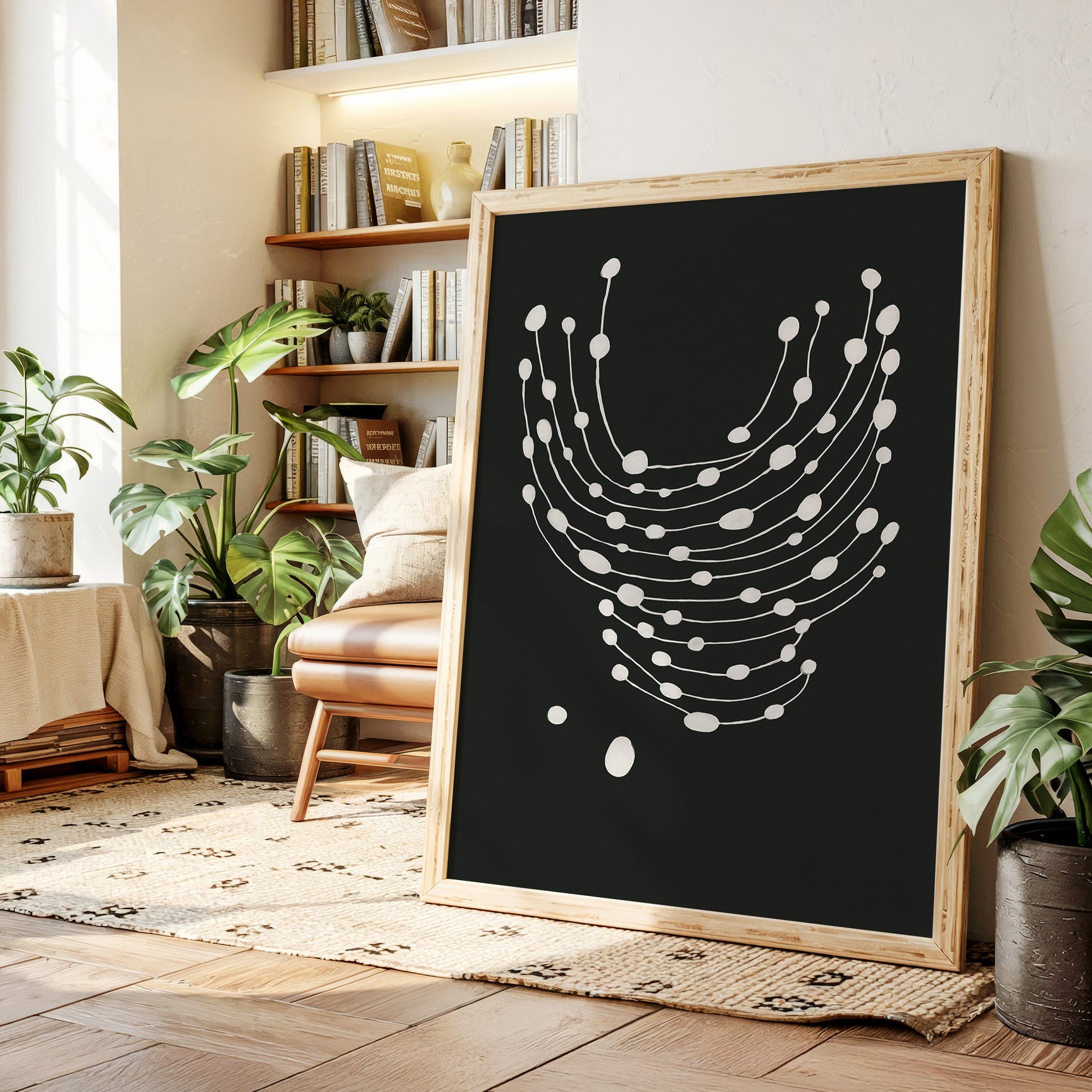 Minimalist Abstract White Dots on Black Canvas