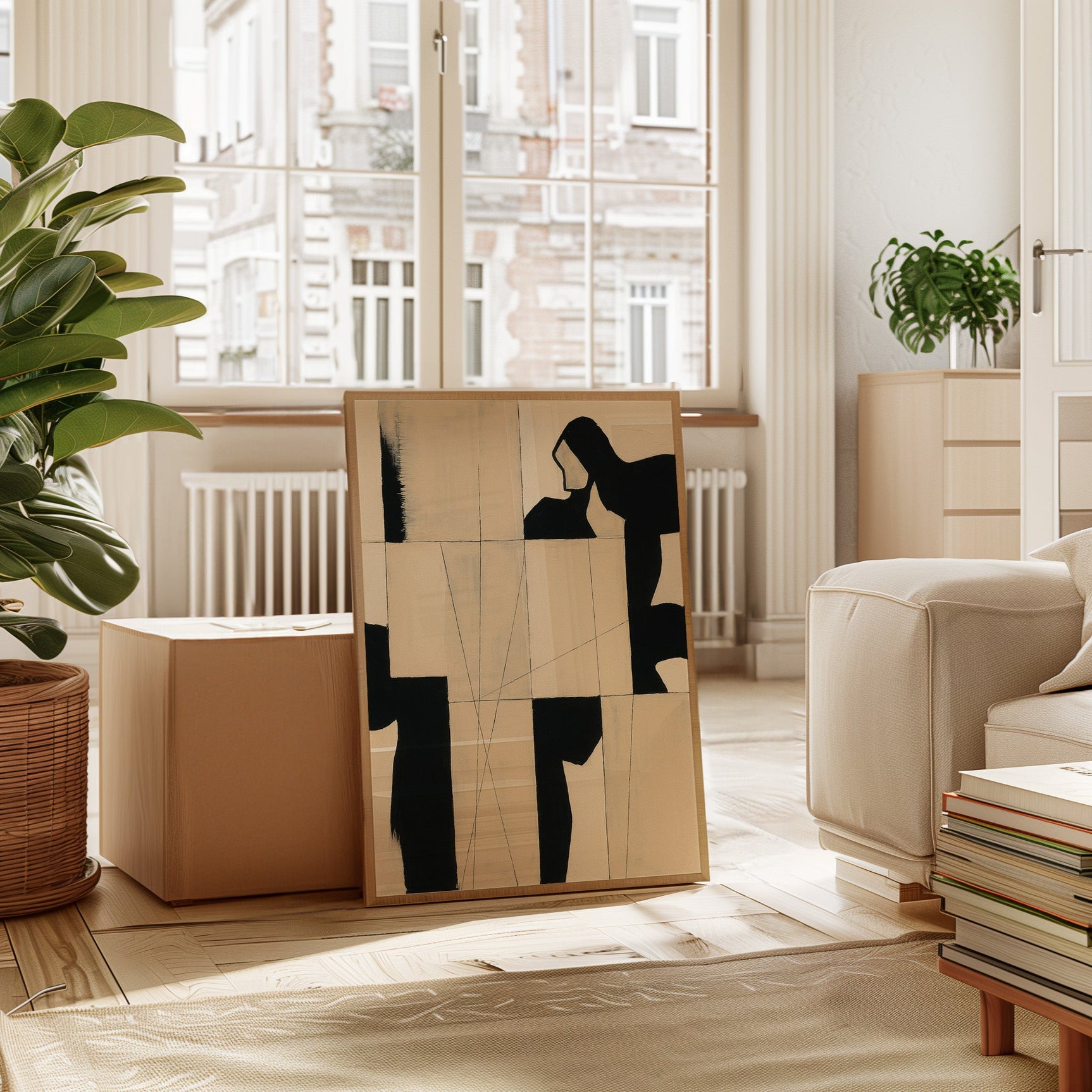 Modern Abstract Geometric Art Print in Black and Beige