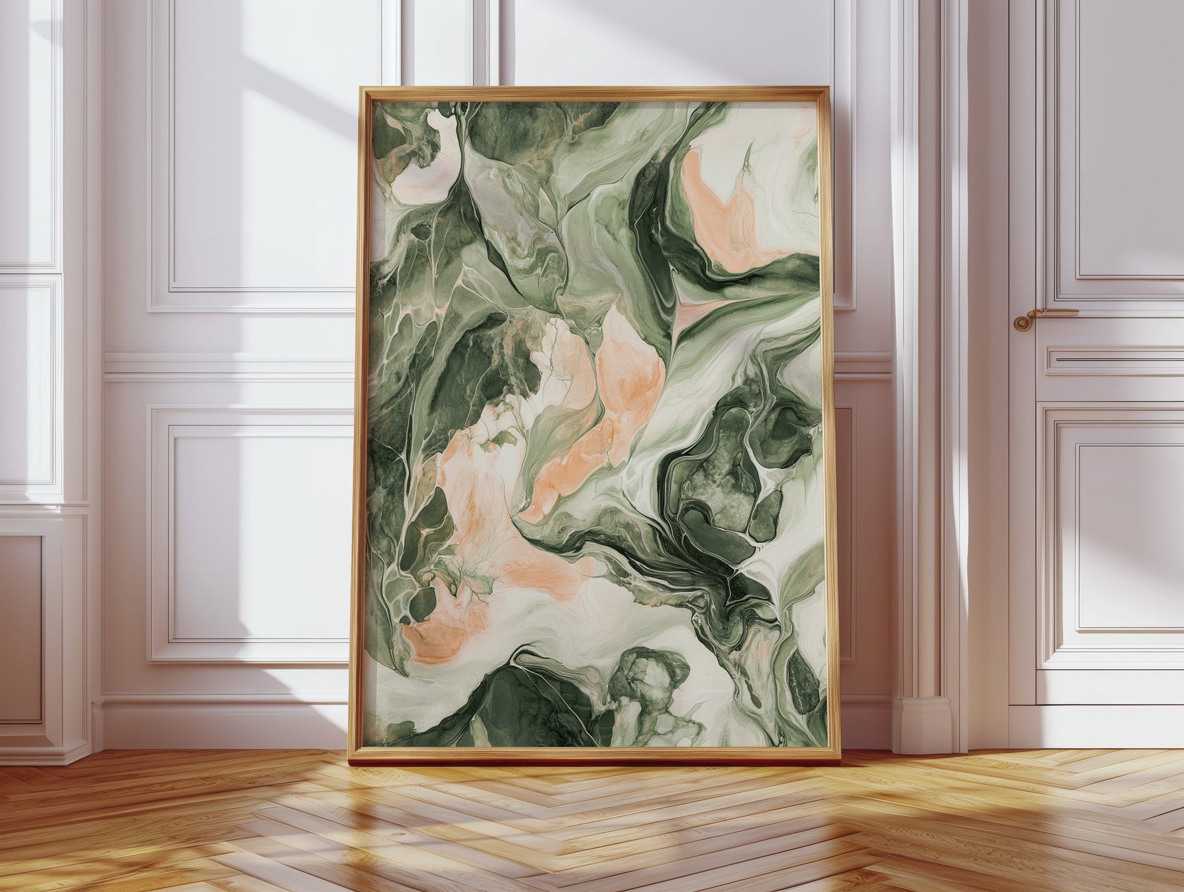 Blush Canyon – Abstract Green & Rose Marble Art