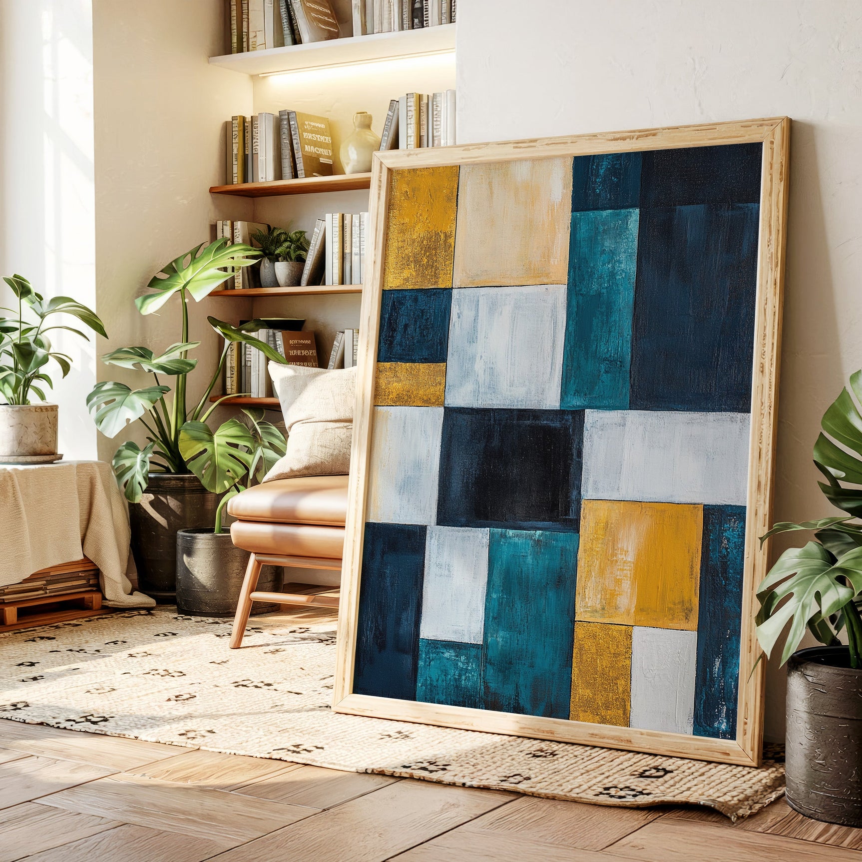 Modern Yellow and Blue Abstract Geometric Canvas