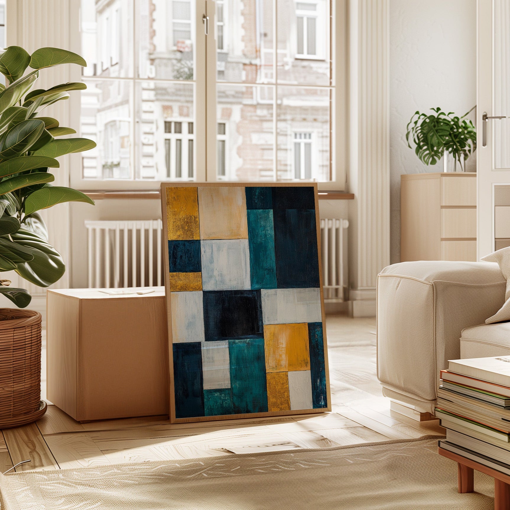 Modern Yellow and Blue Abstract Geometric Canvas