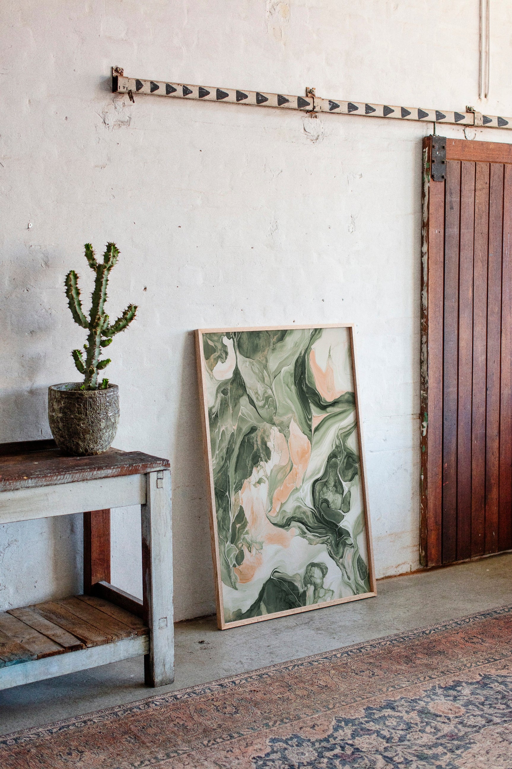 Blush Canyon – Abstract Green & Rose Marble Art