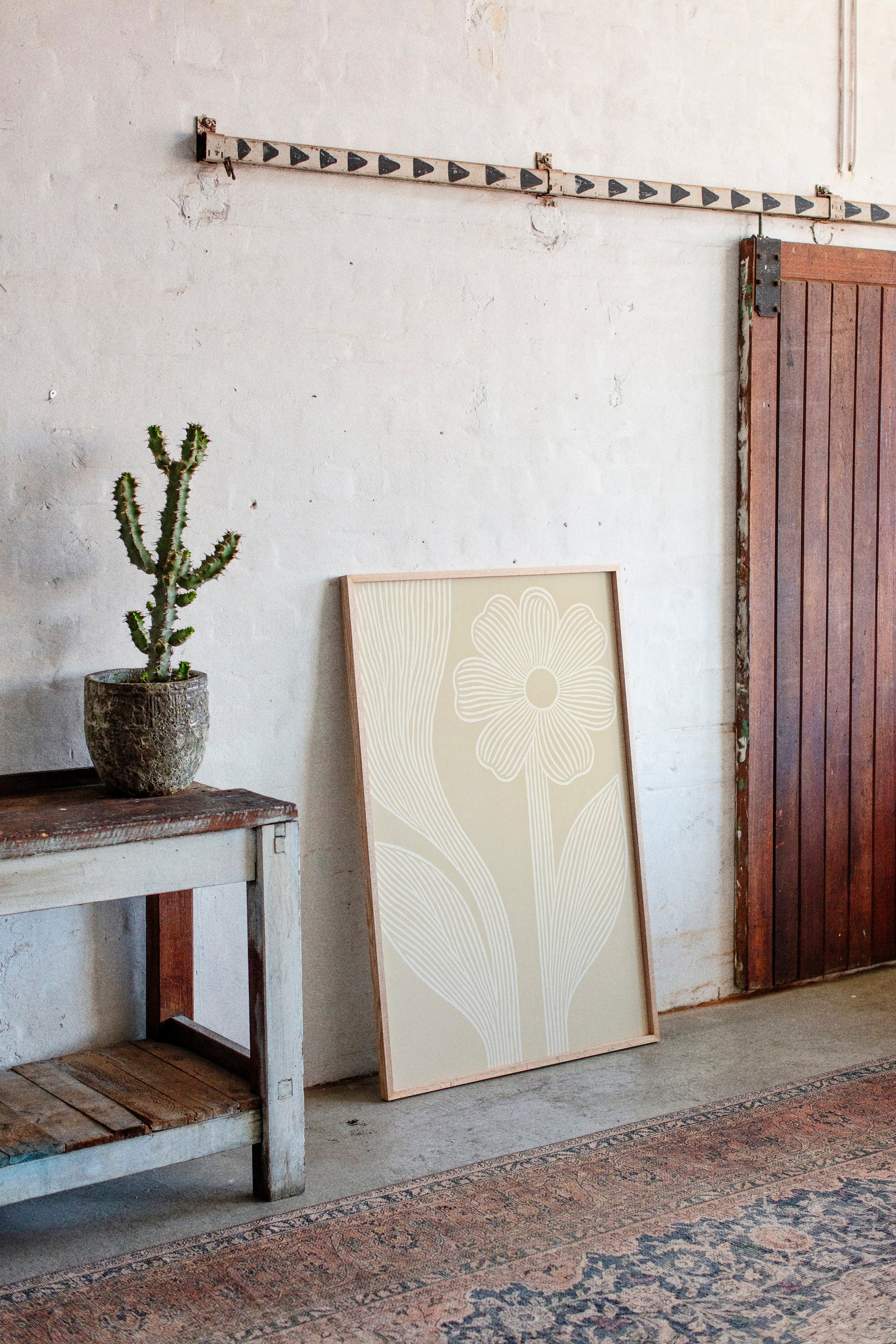 Minimalist Floral Line Art Print in Beige
