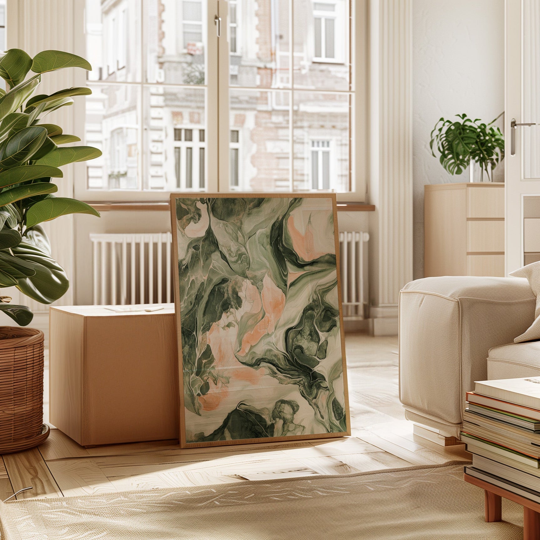Blush Canyon – Abstract Green & Rose Marble Art