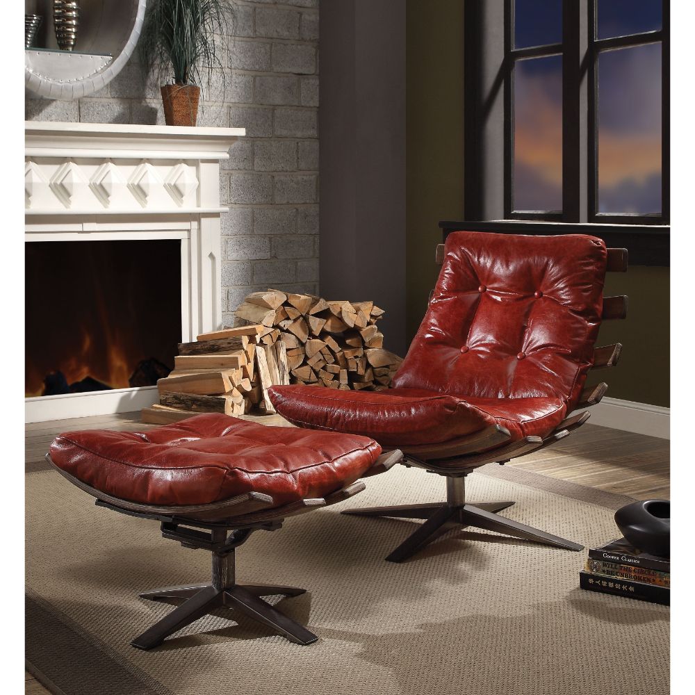 Gandy Antique Red Leather Chair & Ottoman - Ornate Home