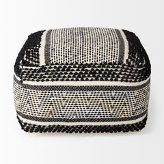 Garima Black/White Wool and Cotton Patterned Pouf - Ornate Home