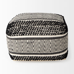 Garima Black/White Wool and Cotton Patterned Pouf - Ornate Home