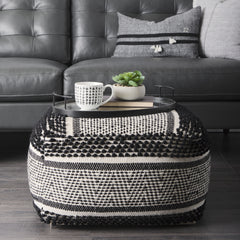 Garima Black/White Wool and Cotton Patterned Pouf - Ornate Home
