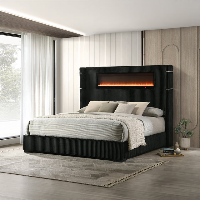 Garner Black/Gray EK Bed w/Fireplace, LED, Reading Light, Speaker, Bluetooth, USB - Ornate Home