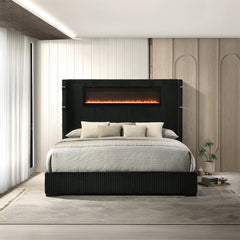 Garner Black/Gray EK Bed w/Fireplace, LED, Reading Light, Speaker, Bluetooth, USB - Ornate Home
