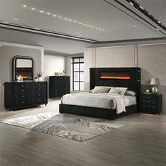 Garner Black/Gray Queen Bed w/Fireplace, LED, Reading Light, Speaker, Bluetooth, USB - Ornate Home