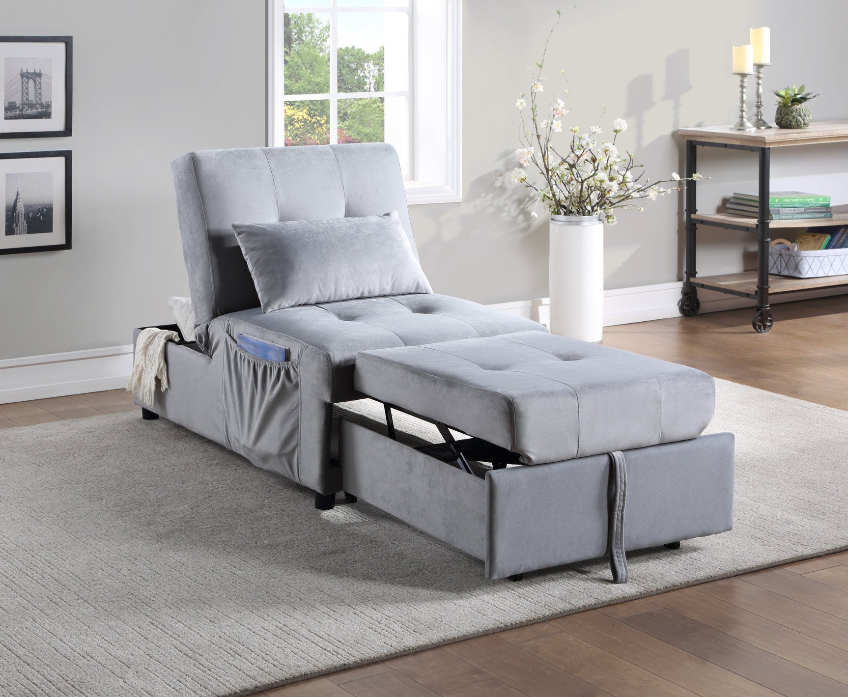 Garrell Gray Velvet Lift Top Storage Bench with Pull-out Bed - Ornate Home
