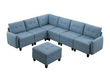Garren Blue 7-Piece Sectional with Storage and Ottoman - Ornate Home